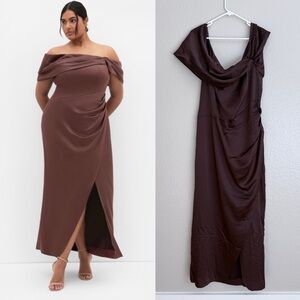 City Chic Plus Size Paloma Elegant Off-Shoulder Brown Dress